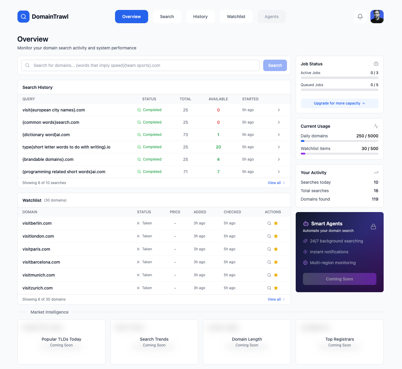DomainTrawl Web Interface - Advanced domain search with filters, watchlist management, and real-time availability tracking